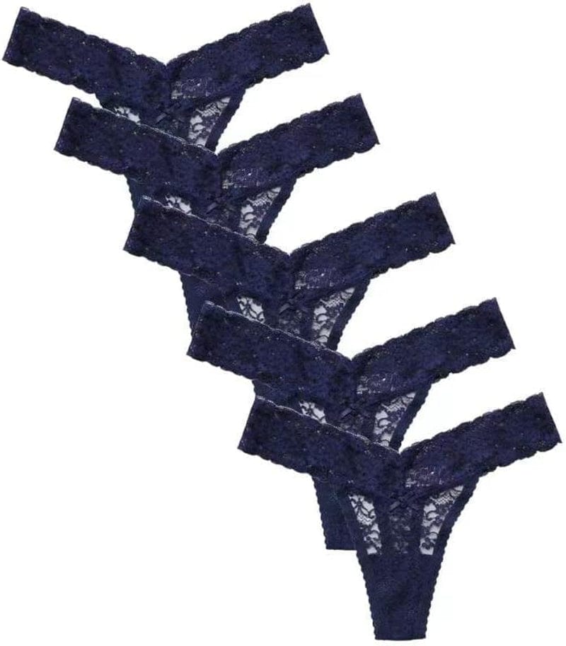 Women'S Sexy Lace Thongs V Cheeky Underwear See through Panties Pack of 5 5pcs Navy / XX-Large