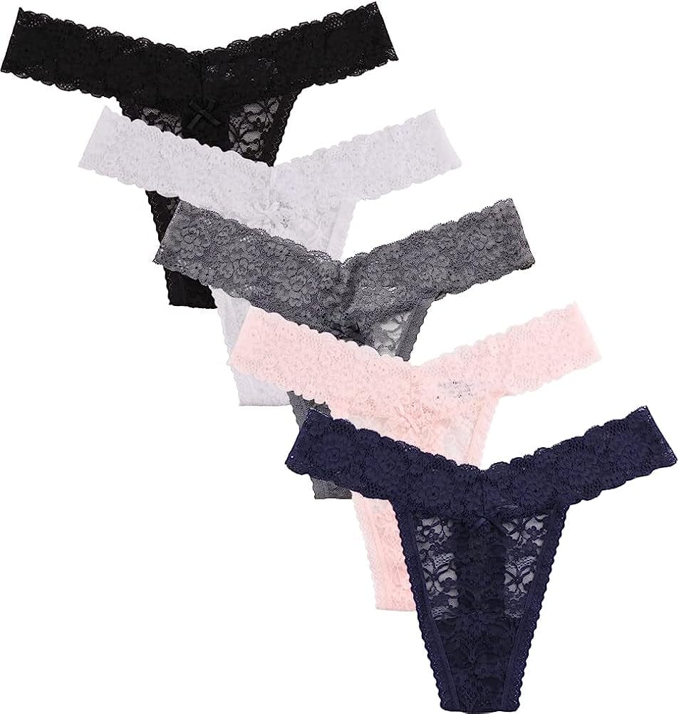 Women'S Sexy Lace Thongs V Cheeky Underwear See through Panties Pack of 5 B Colors / Large