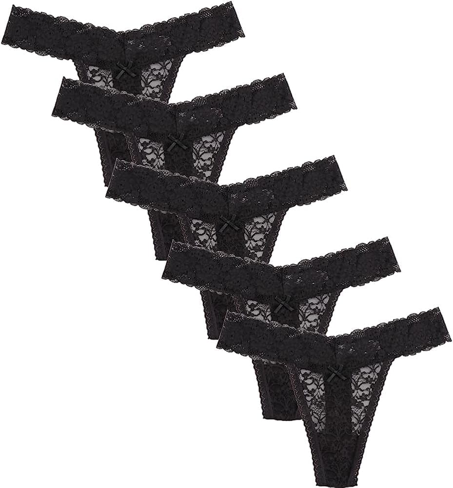 Women'S Sexy Lace Thongs V Cheeky Underwear See through Panties Pack of 5 5pcs Black / Medium