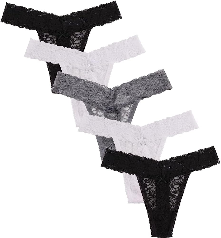 Women'S Sexy Lace Thongs V Cheeky Underwear See through Panties Pack of 5 2*black, 2*white, 1*gray / Small
