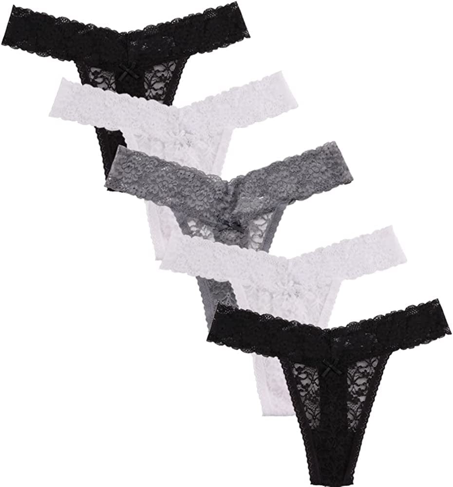 Women'S Sexy Lace Thongs V Cheeky Underwear See through Panties Pack of 5 2*black, 2*white, 1*gray / XX-Large