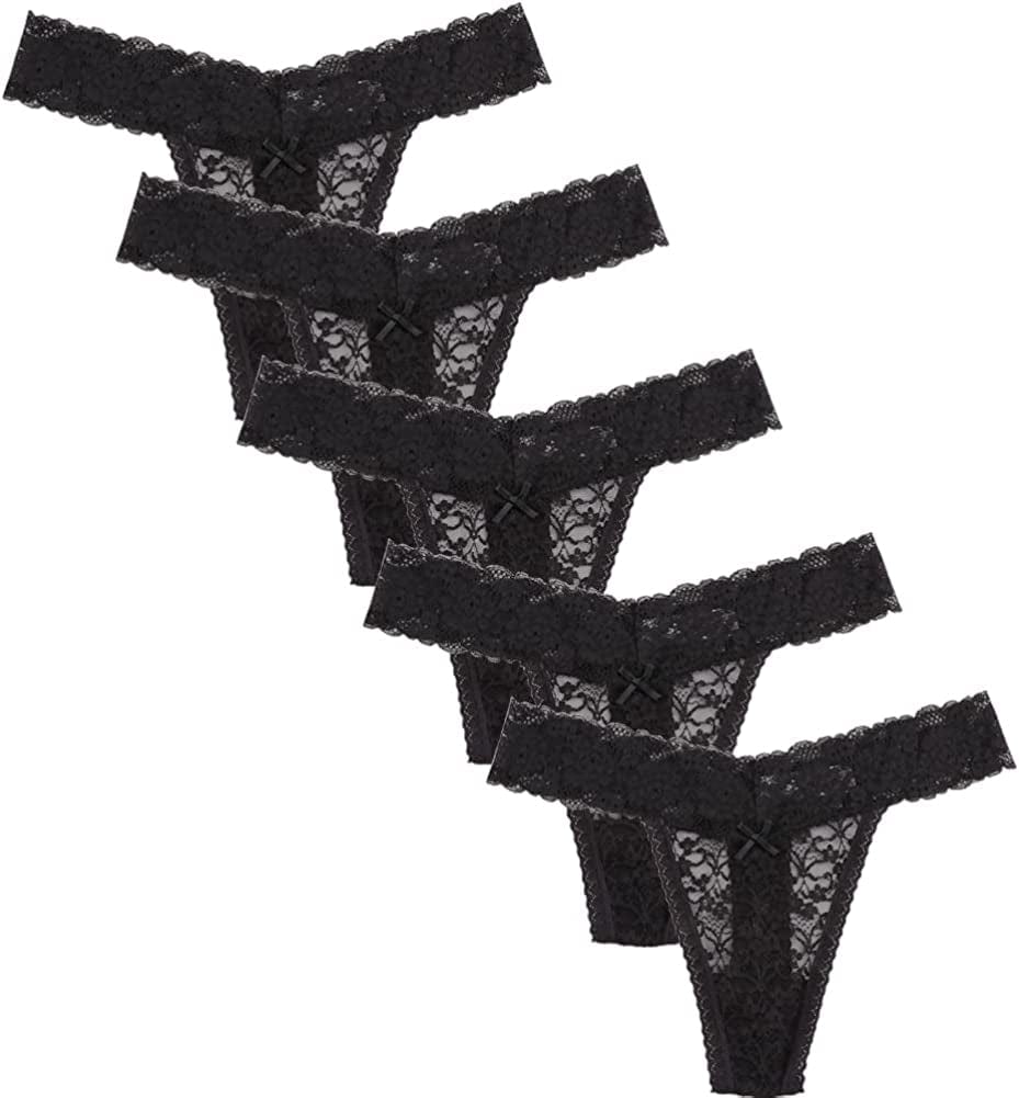 Women'S Sexy Lace Thongs V Cheeky Underwear See through Panties Pack of 5 5pcs Black / XX-Large