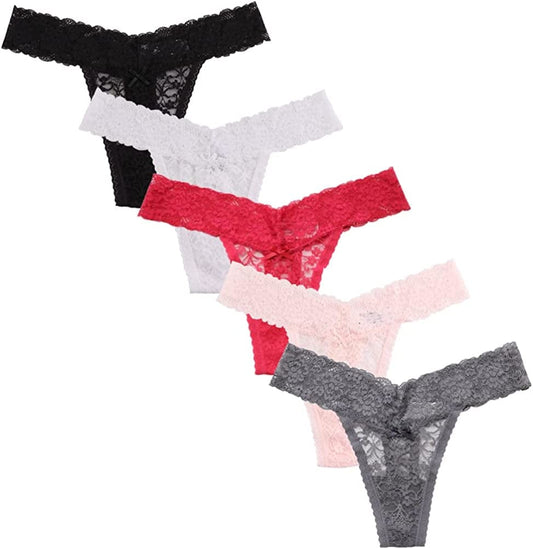 Women'S Sexy Lace Thongs V Cheeky Underwear See through Panties Pack of 5 C Colors / XX-Large