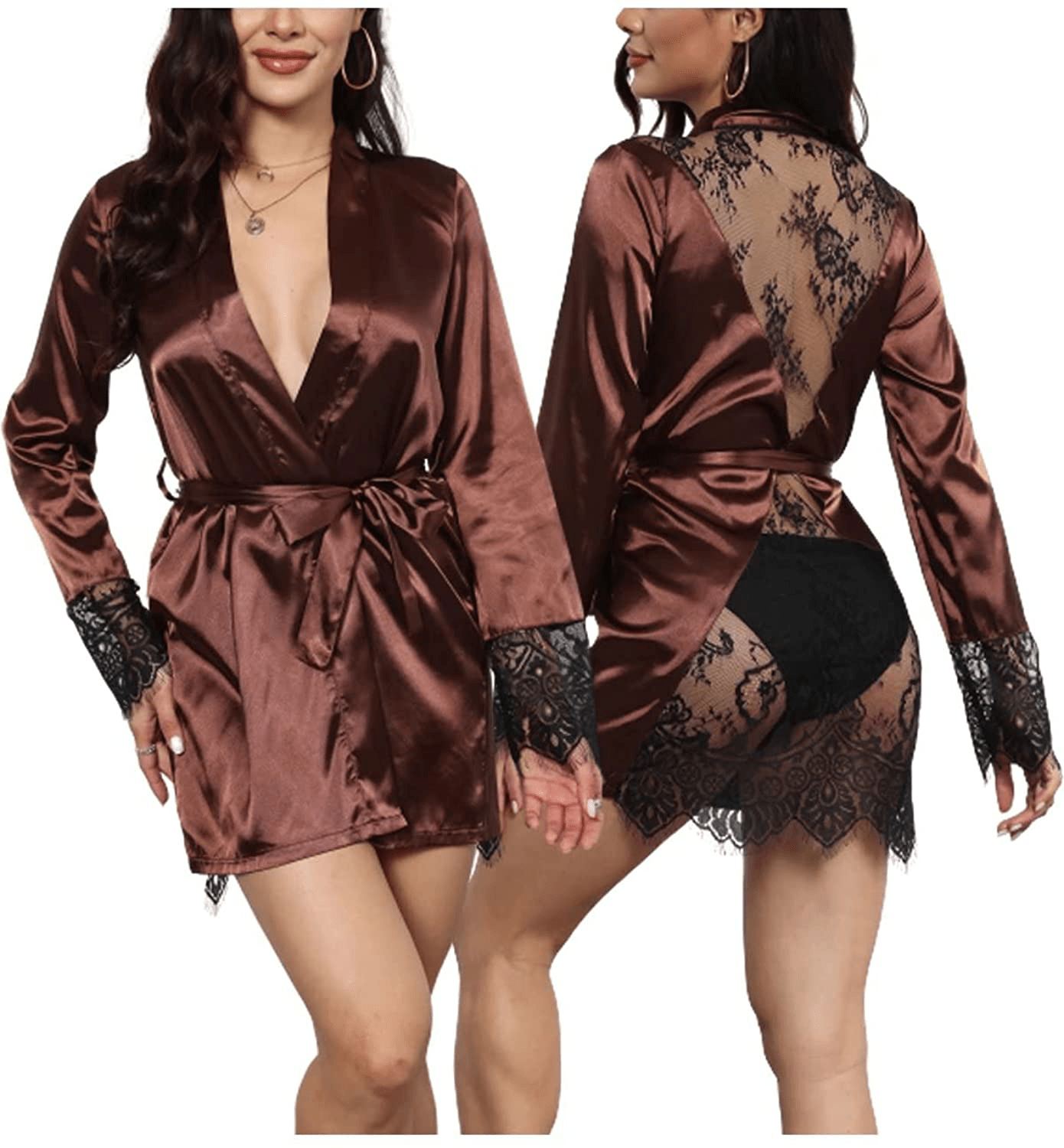 Women'S Sexy Lace-Trim Robe Long Sleeve Satin Kimono Sleepwear Bridesmaid Wedding Party Nightwear Apparel & Accessories > Clothing > Sleepwear & Loungewear > Robes Ekaliy