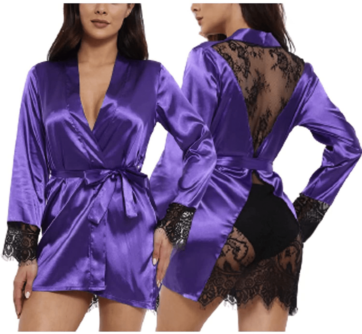 Women'S Sexy Lace-Trim Robe Long Sleeve Satin Kimono Sleepwear Bridesmaid Wedding Party Nightwear Apparel & Accessories > Clothing > Sleepwear & Loungewear > Robes Ekaliy 364 Purple Small