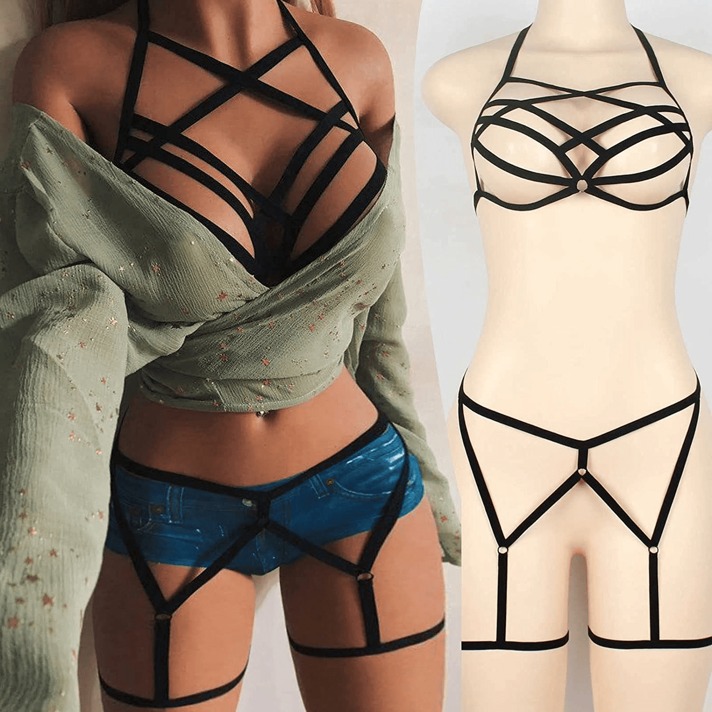 Women'S Sexy Lingerie Strappy Bralette G-String Deep V Cage Harness Bras Thongs Underwear Babydolls Letter Bikini Apparel & Accessories > Clothing > Underwear & Socks > Shapewear aneralied