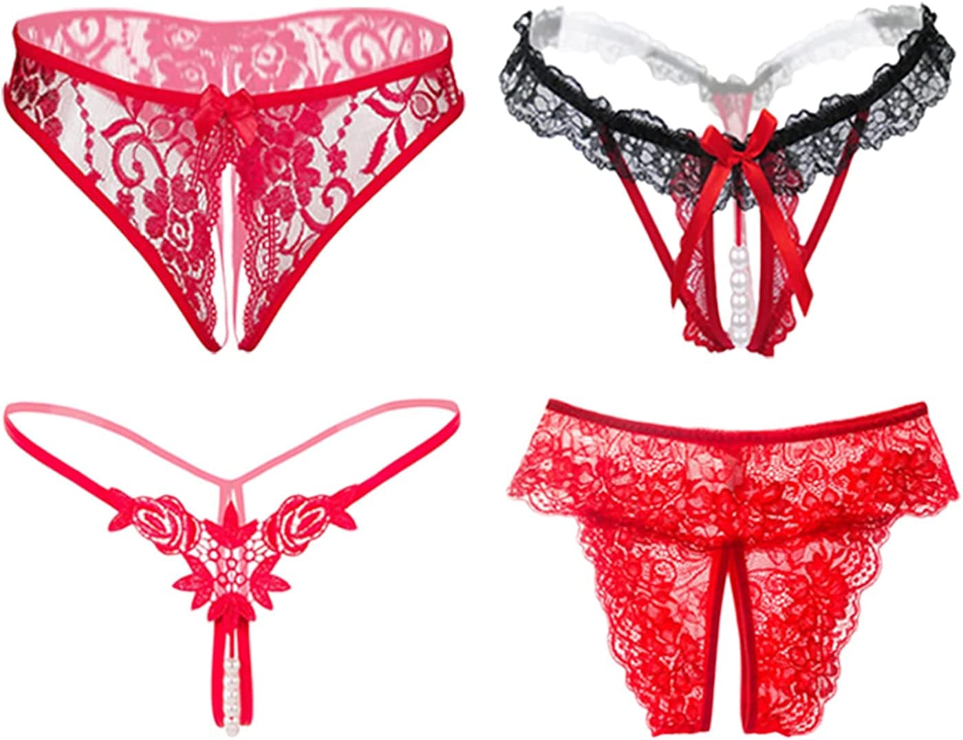 Women’S Sexy Panties,Lace Thongs G-String with Pearls Ball Style3-4 Packs Red / Medium