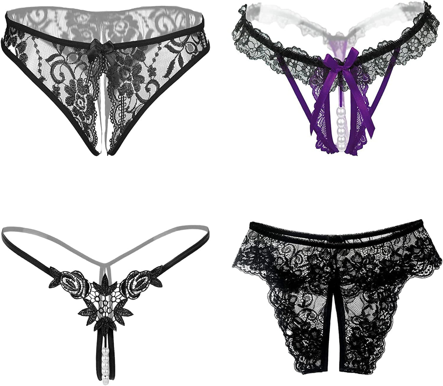 Women’S Sexy Panties,Lace Thongs G-String with Pearls Ball Style3-4 Packs / Large