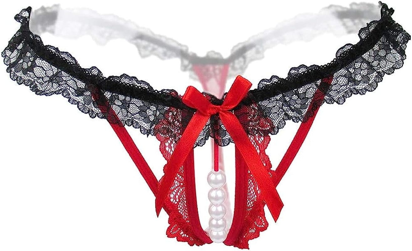Women’S Sexy Panties,Lace Thongs G-String with Pearls Ball Red / Large