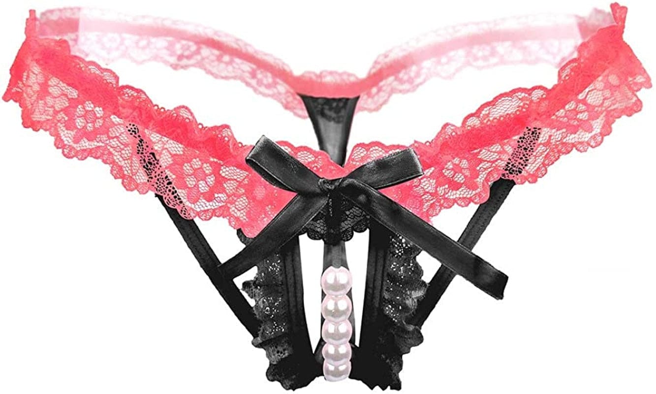 Women’S Sexy Panties,Lace Thongs G-String with Pearls Ball Black / Medium