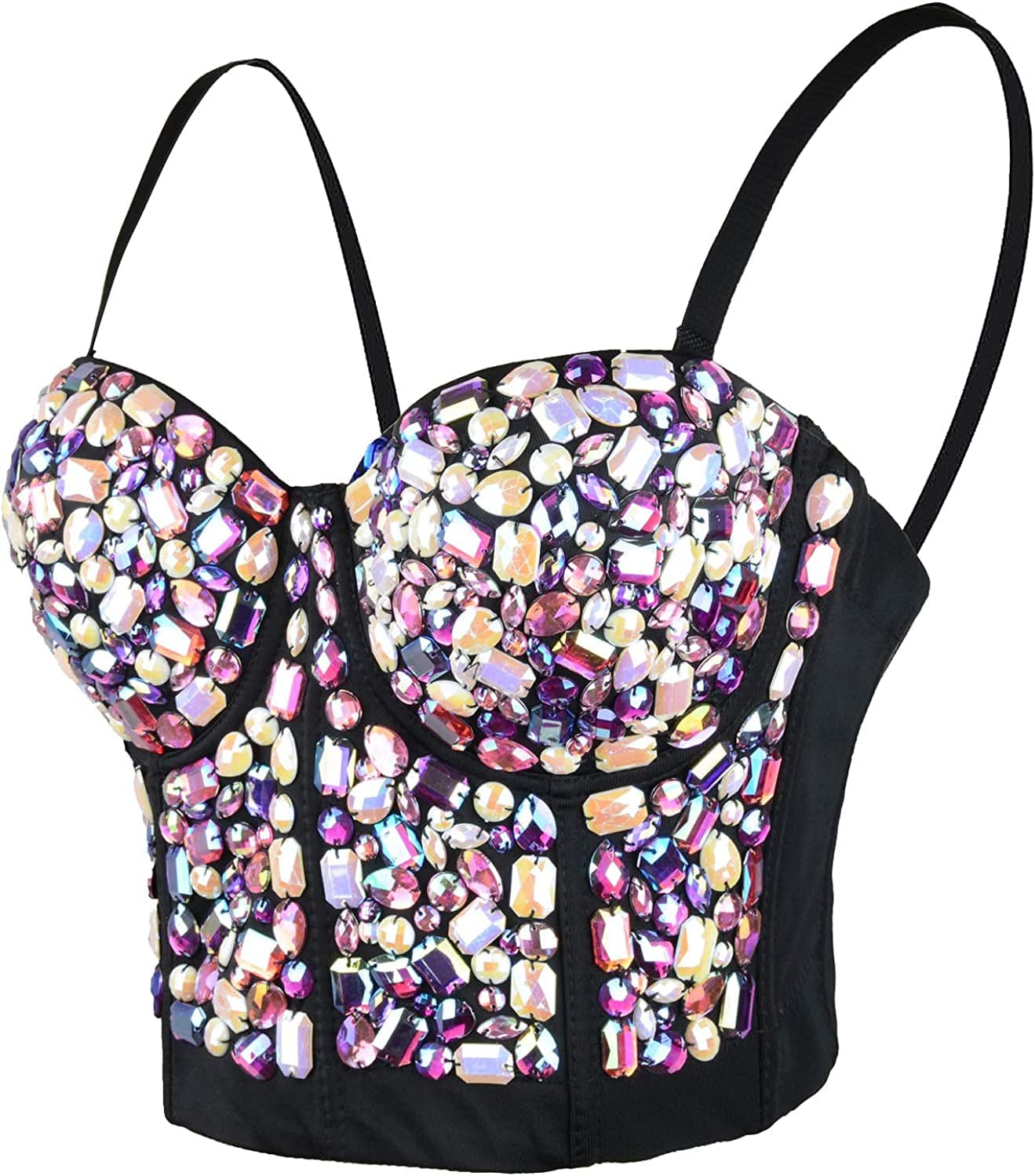 Women'S Sexy Rhinestone Bustier Crop Top Club Party Glitter Corset Top Bra Purple Black / Large