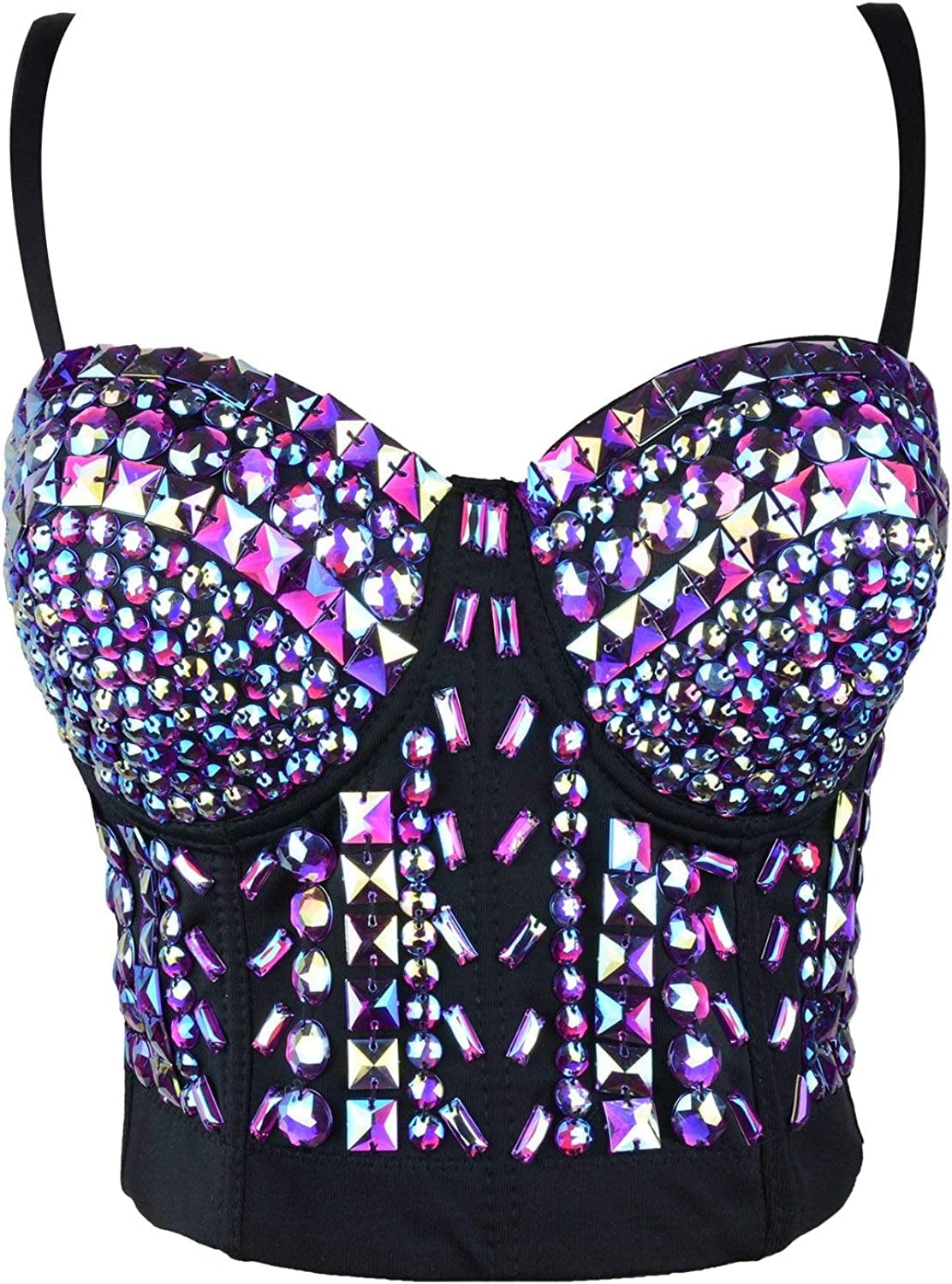 Women'S Sexy Rhinestone Bustier Crop Top Club Party Glitter Corset Top Bra Purple