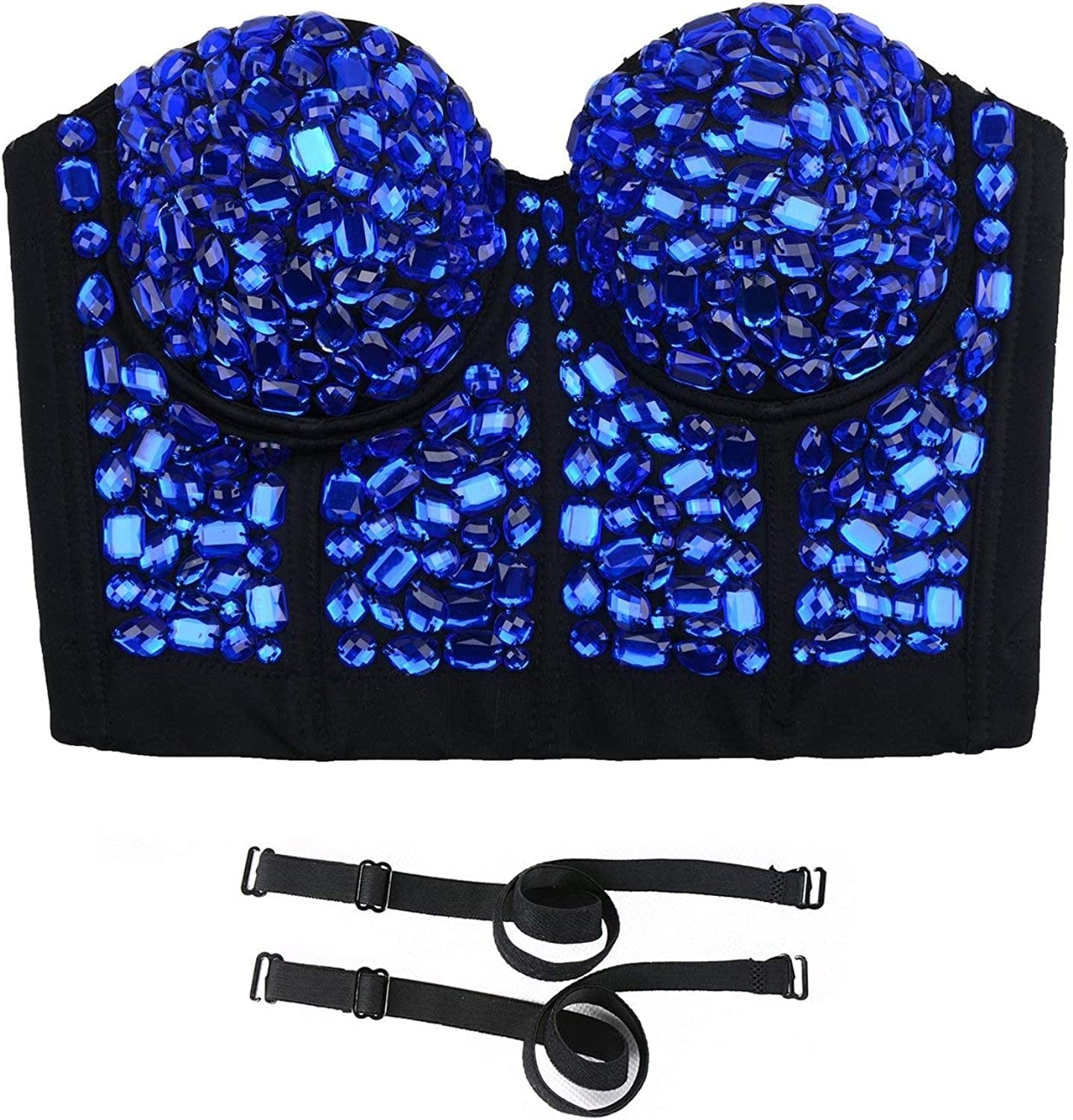 Women'S Sexy Rhinestone Punk Bustier Crop Top Push up Corset Bra Blue