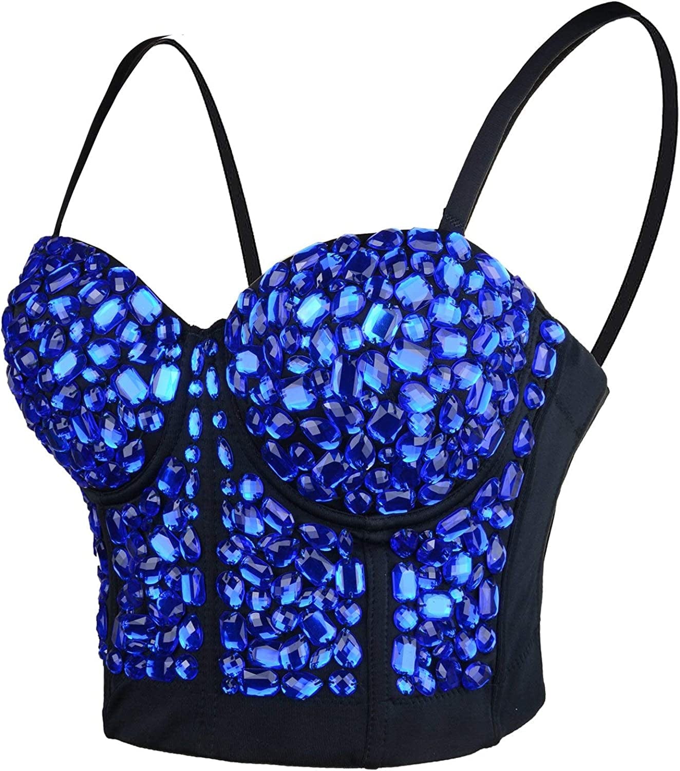 Women'S Sexy Rhinestone Punk Bustier Crop Top Push up Corset Bra Blue Small