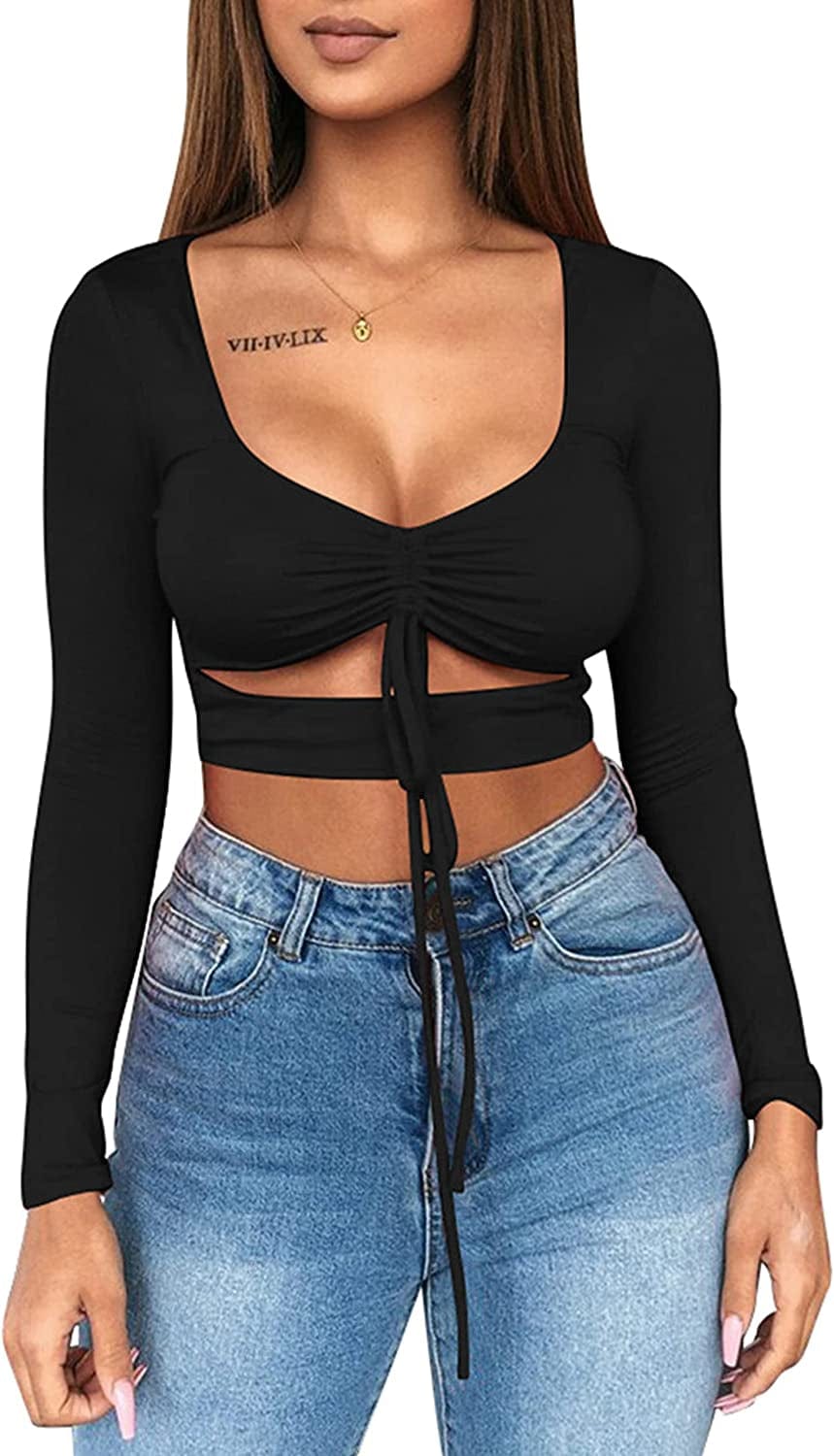 Women'S Sexy Ruched Tie up Crop Top Basic Long Sleeve Cut Out T Shirt Long Sleeve Black / X-Small
