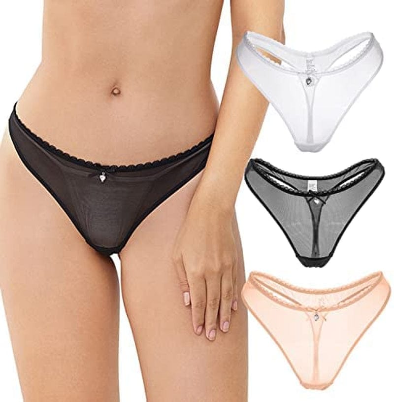 Women'S Sexy Sheer Panties Thongs Mesh G-Strings Low Rise Brief Underwear, 3-Pack 1 Black and 1 Beige and 1 White / X-Large
