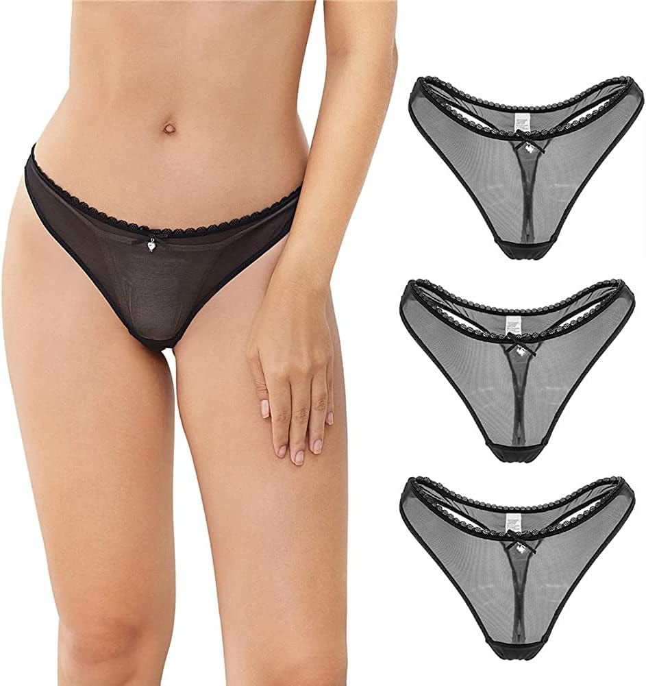 Women'S Sexy Sheer Panties Thongs Mesh G-Strings Low Rise Brief Underwear, 3-Pack 3 Pcs Black / X-Large