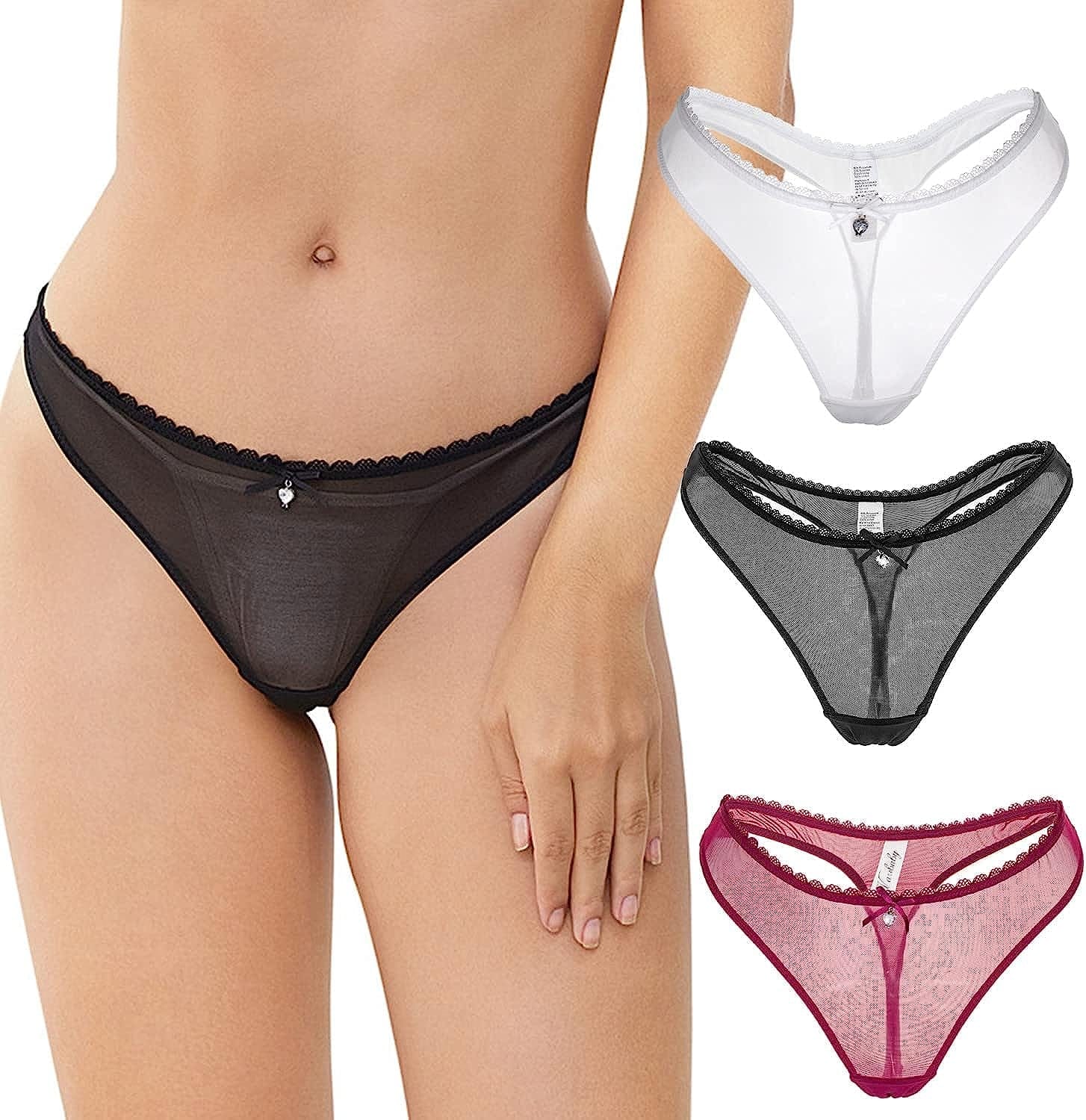 Women'S Sexy Sheer Panties Thongs Mesh G-Strings Low Rise Brief Underwear, 3-Pack 1 Black and 1 White and 1 Red / X-Large