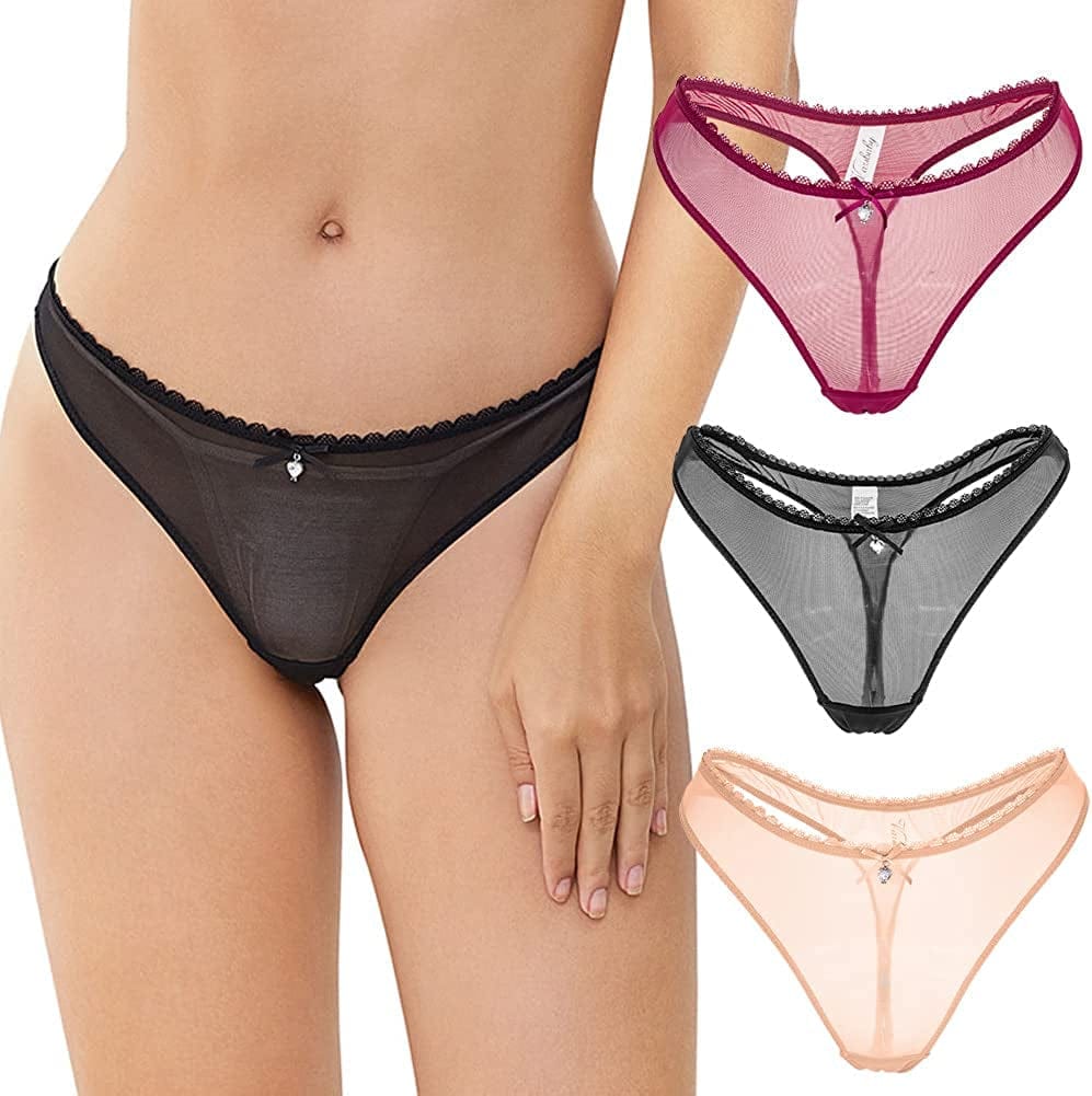 Women'S Sexy Sheer Panties Thongs Mesh G-Strings Low Rise Brief Underwear, 3-Pack 1 Black and 1 Beige and 1 Red / X-Large