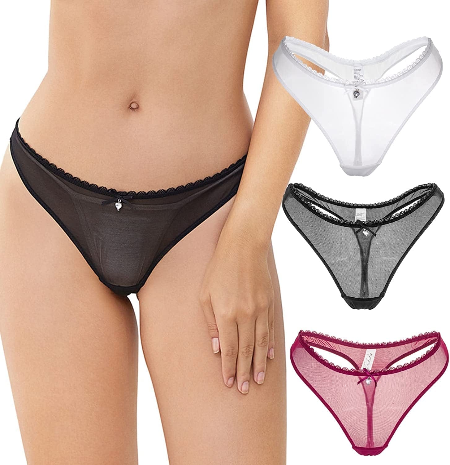 Women'S Sexy Sheer Panties Thongs Mesh G-Strings Low Rise Brief Underwear, 3-Pack 1 Black and 1 White and 1 Red / Medium