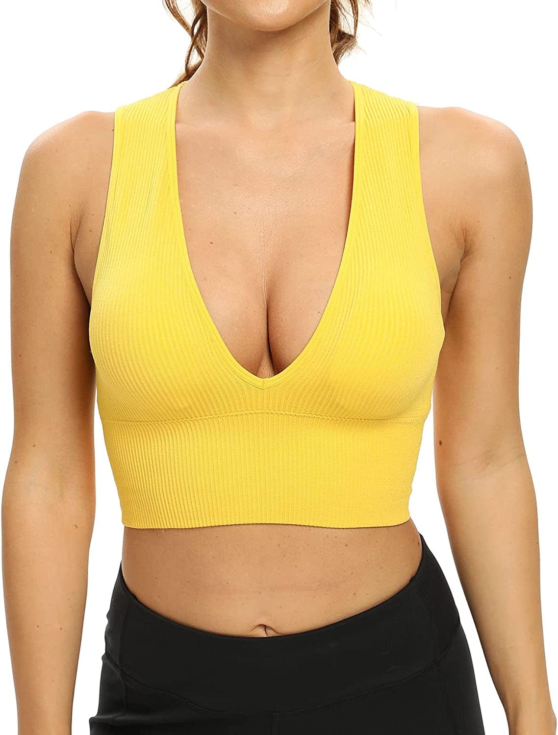 Women'S Sexy Sleeveless Seamless Crop Top Deep Plunge V Neck Ribbed Tank Top with Removable Pads Yellow / Medium