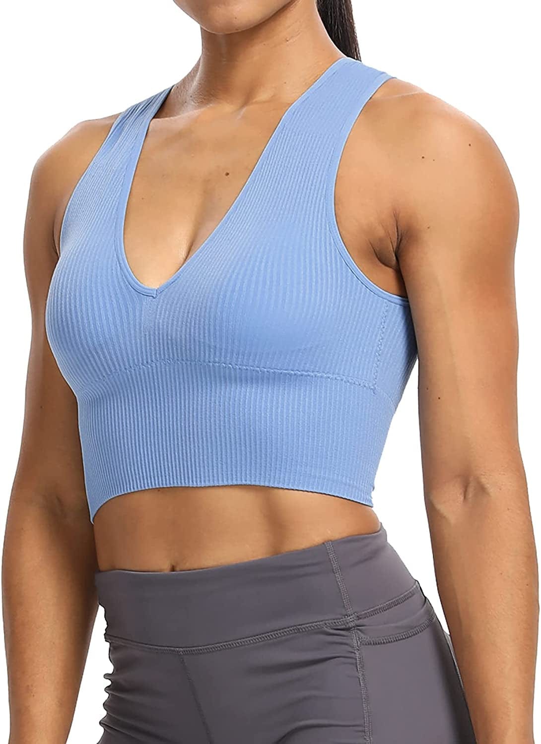 Women'S Sexy Sleeveless Seamless Crop Top Deep Plunge V Neck Ribbed Tank Top with Removable Pads Blue / Small