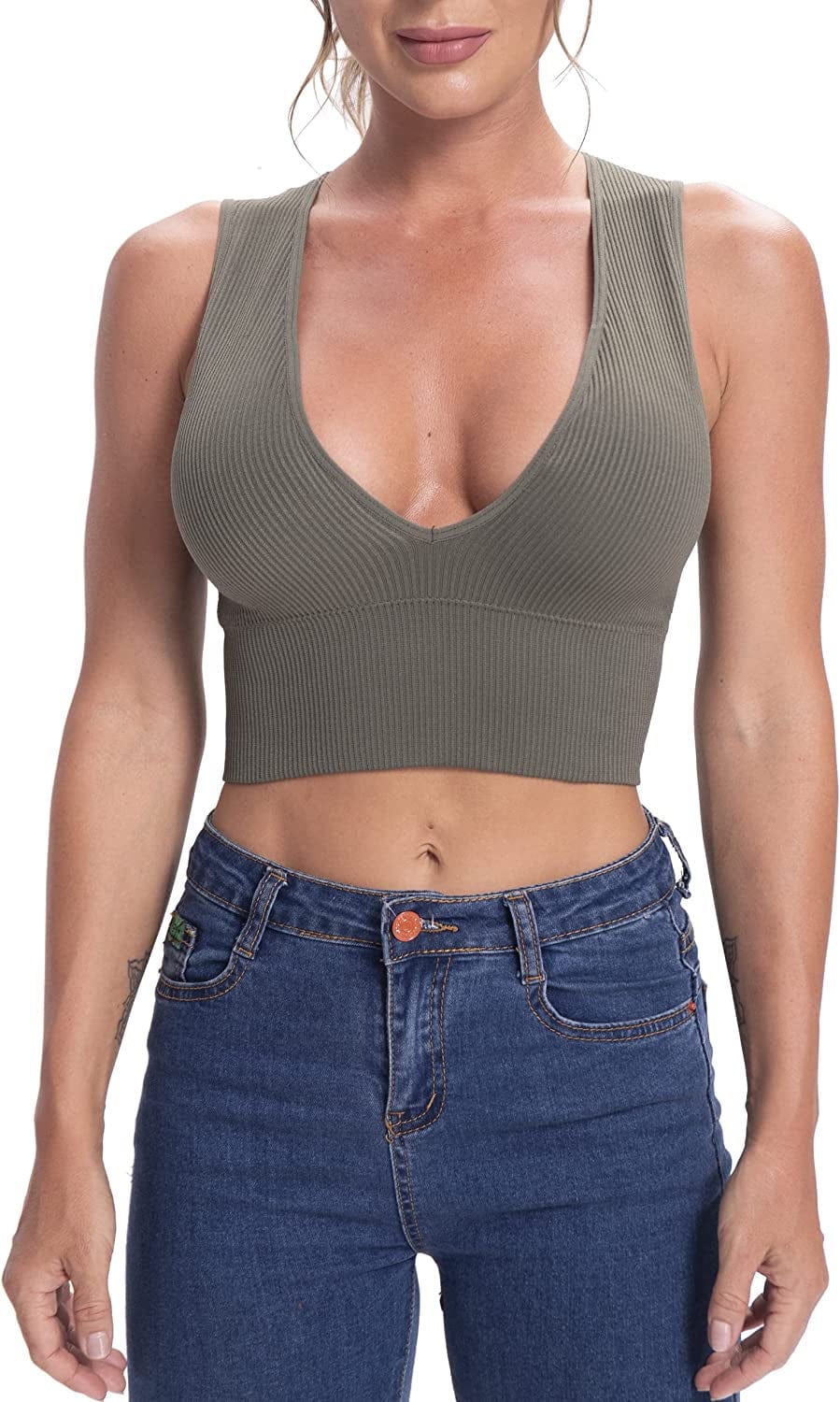 Women'S Sexy Sleeveless Seamless Crop Top Deep Plunge V Neck Ribbed Tank Top with Removable Pads Green / Small