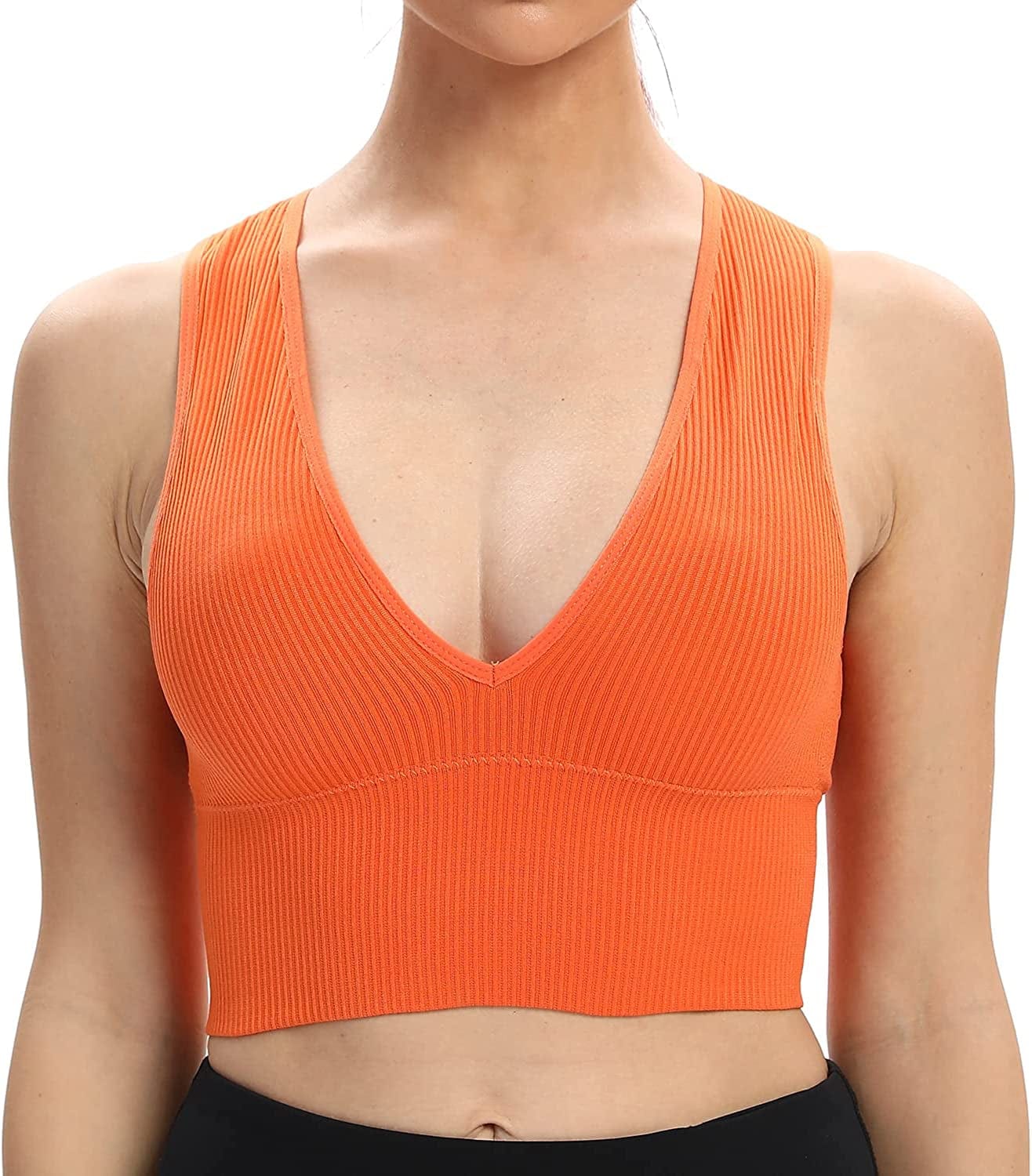 Women'S Sexy Sleeveless Seamless Crop Top Deep Plunge V Neck Ribbed Tank Top with Removable Pads Orange / Small