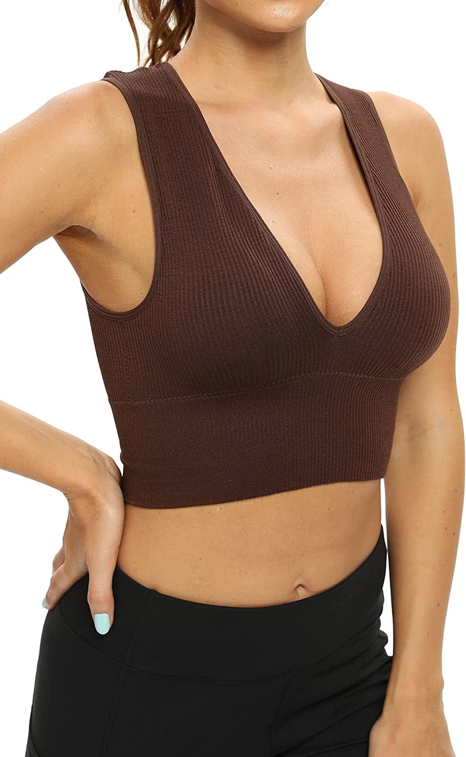 Women'S Sexy Sleeveless Seamless Crop Top Deep Plunge V Neck Ribbed Tank Top with Removable Pads