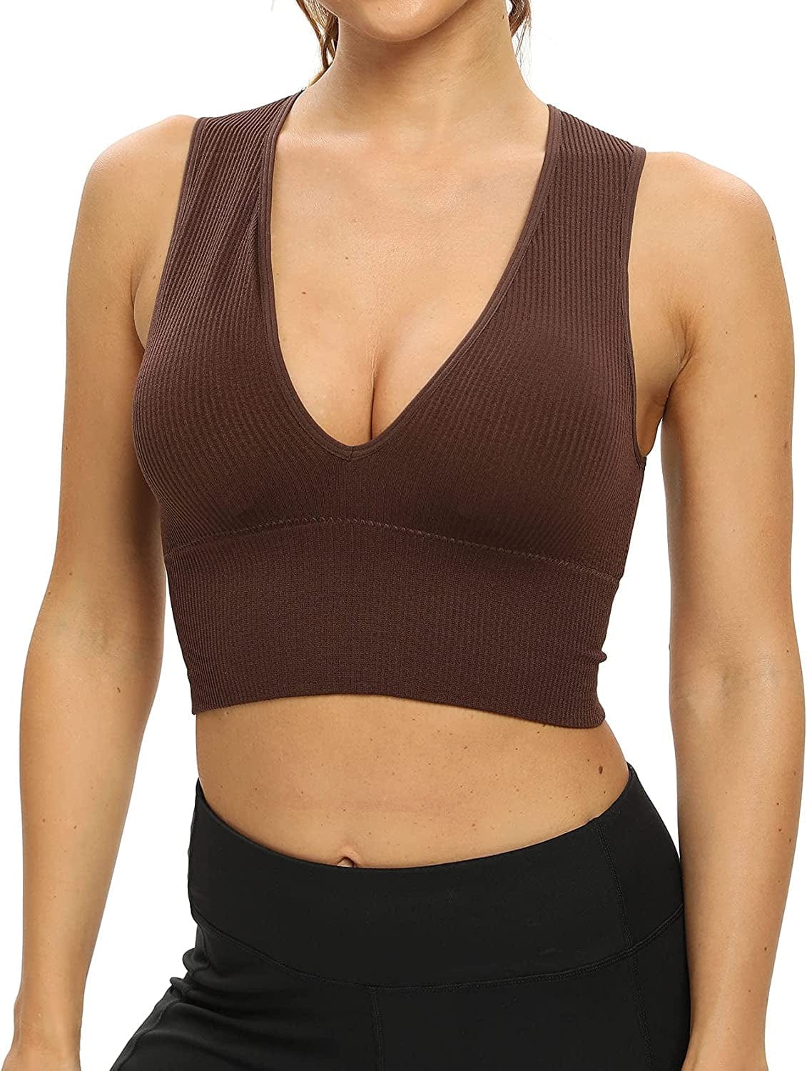 Women'S Sexy Sleeveless Seamless Crop Top Deep Plunge V Neck Ribbed Tank Top with Removable Pads