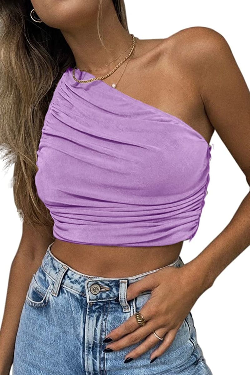 Women'S Sexy Sparkly One Shoulder Crop Tops Sleeveless Ruched Tank Tops Lavender / Small