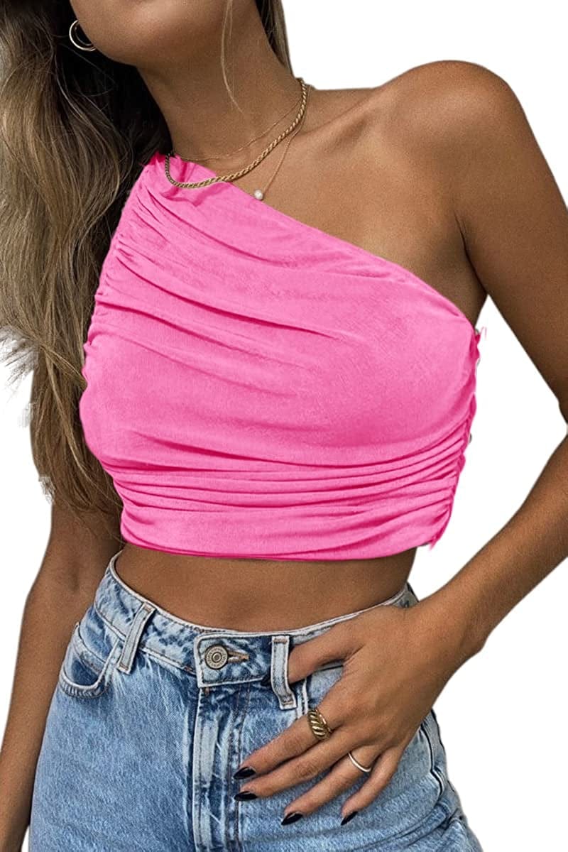 Women'S Sexy Sparkly One Shoulder Crop Tops Sleeveless Ruched Tank Tops Pink / Small