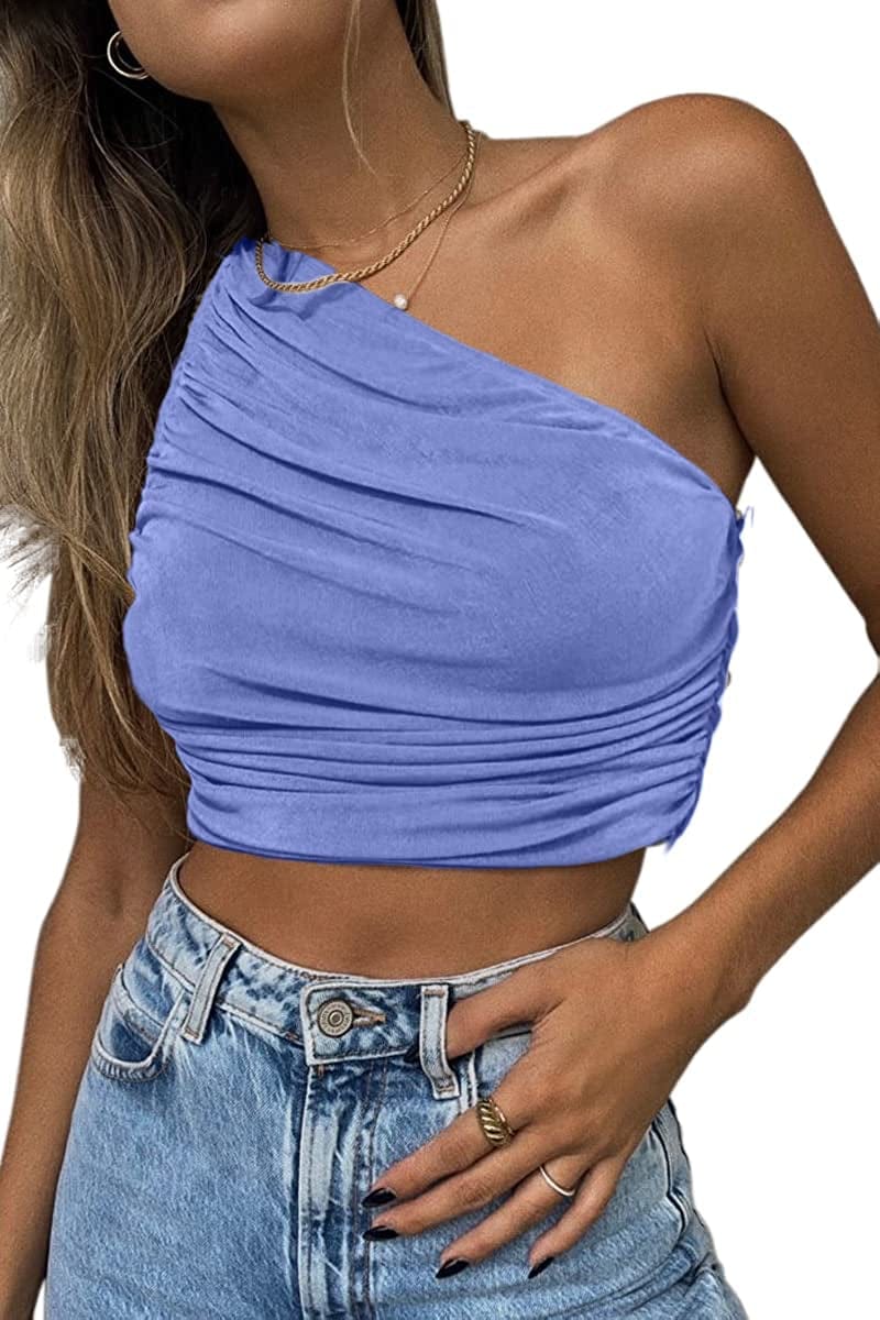 Women'S Sexy Sparkly One Shoulder Crop Tops Sleeveless Ruched Tank Tops Blue Haze / Small