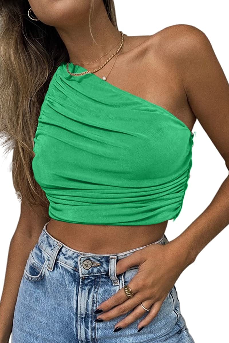 Women'S Sexy Sparkly One Shoulder Crop Tops Sleeveless Ruched Tank Tops Green / Small