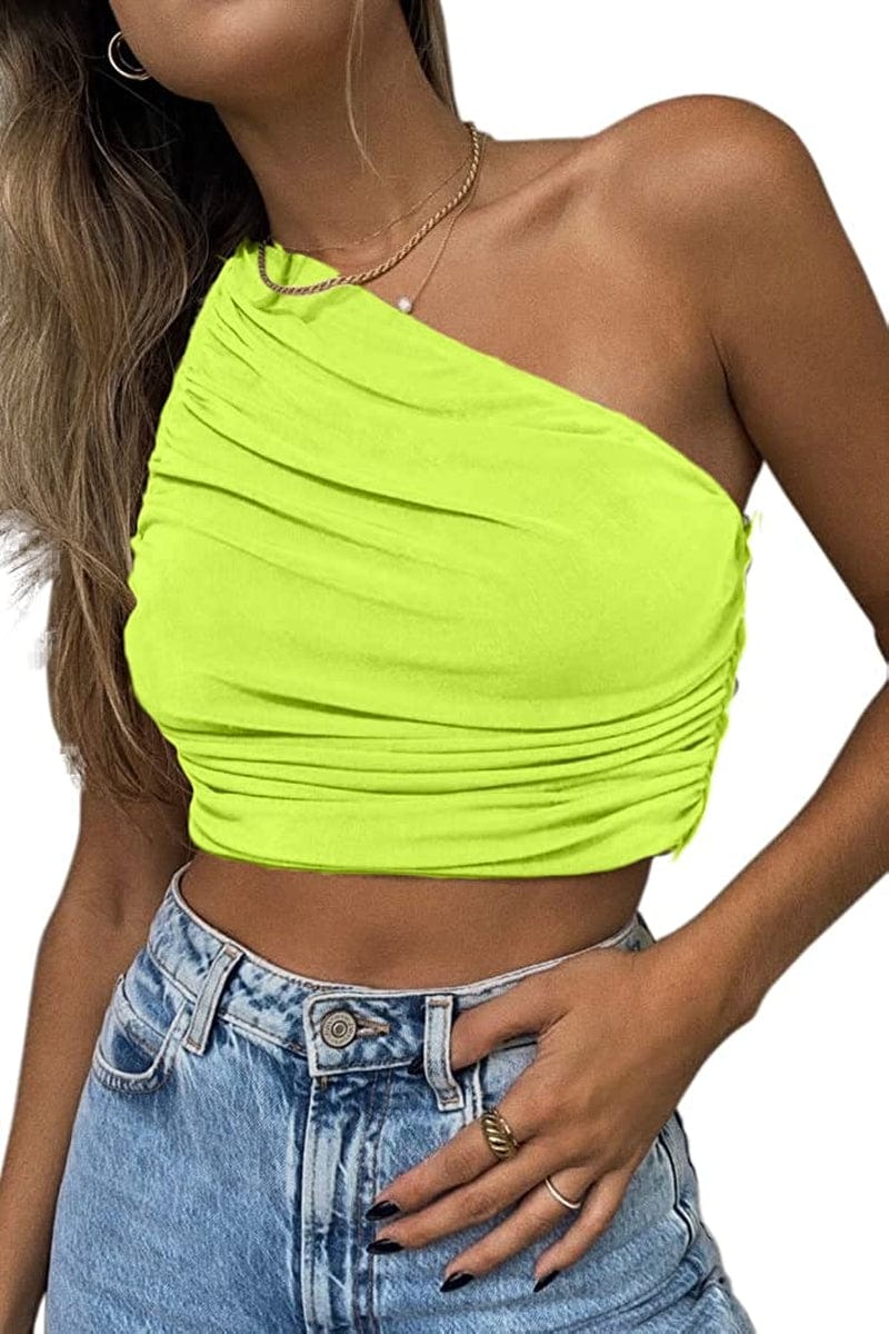 Women'S Sexy Sparkly One Shoulder Crop Tops Sleeveless Ruched Tank Tops Neon Green / Small