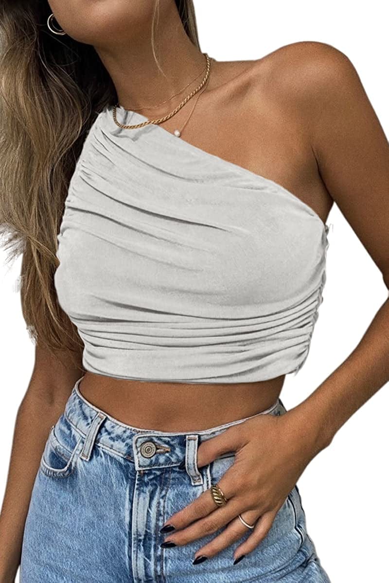Women'S Sexy Sparkly One Shoulder Crop Tops Sleeveless Ruched Tank Tops Silver / Small