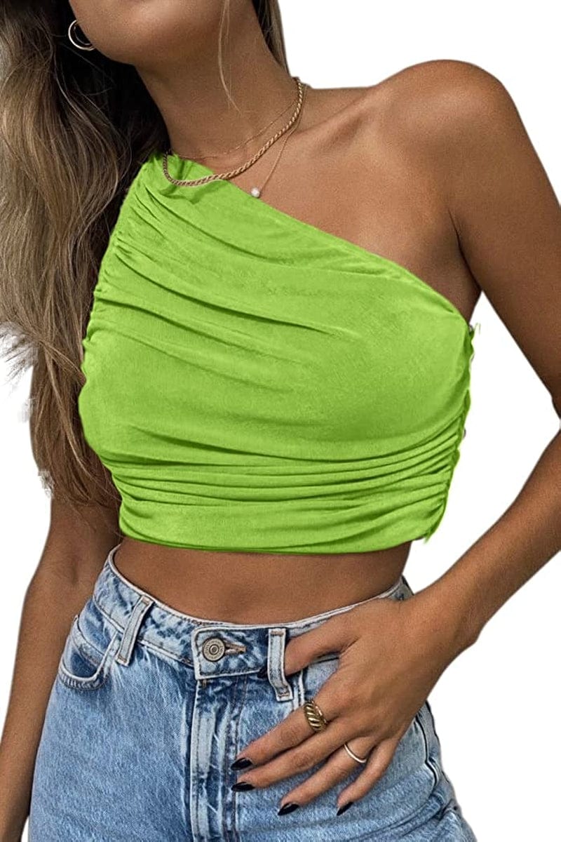 Women'S Sexy Sparkly One Shoulder Crop Tops Sleeveless Ruched Tank Tops Avocado Green / Small