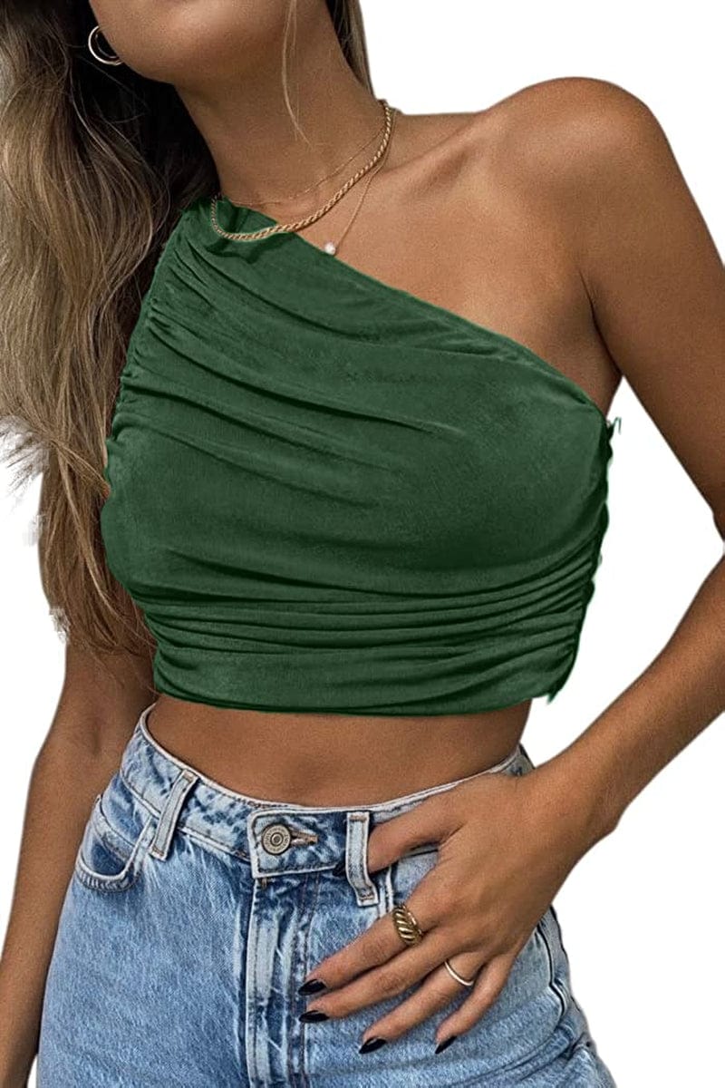Women'S Sexy Sparkly One Shoulder Crop Tops Sleeveless Ruched Tank Tops Army Green / Small