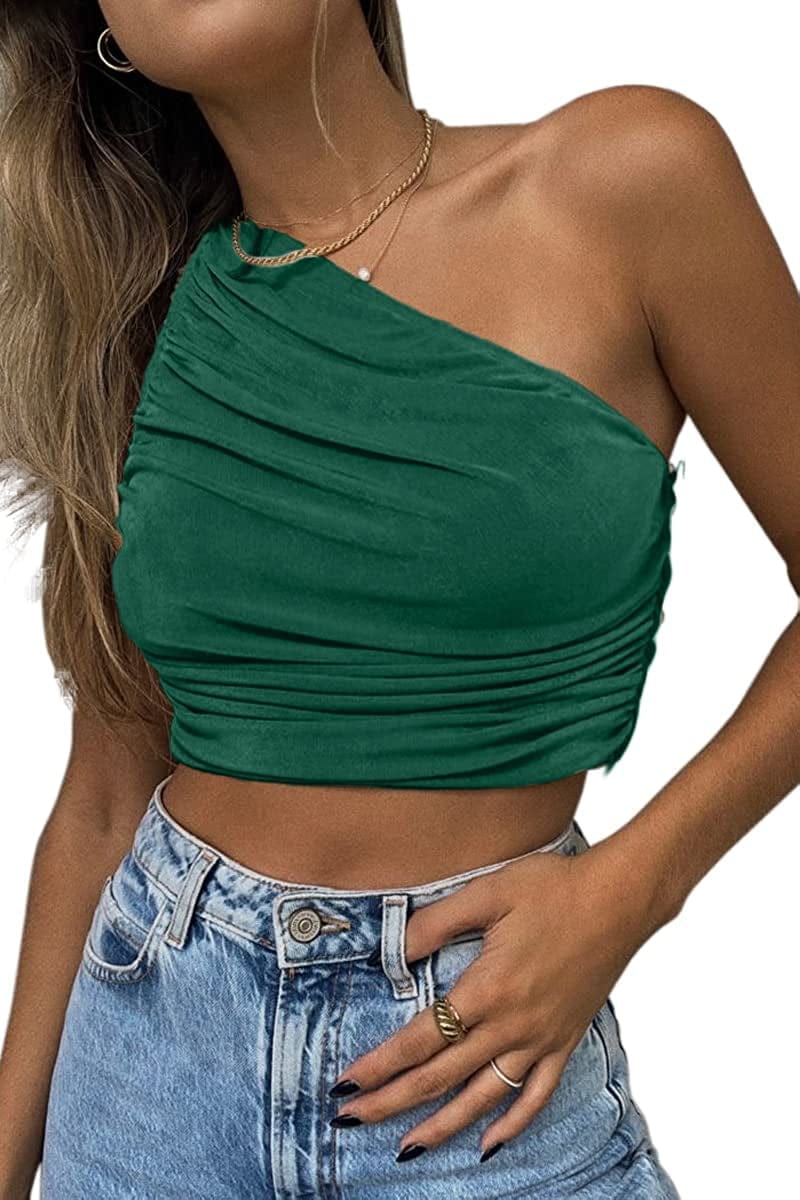 Women'S Sexy Sparkly One Shoulder Crop Tops Sleeveless Ruched Tank Tops Emerald Green / Small