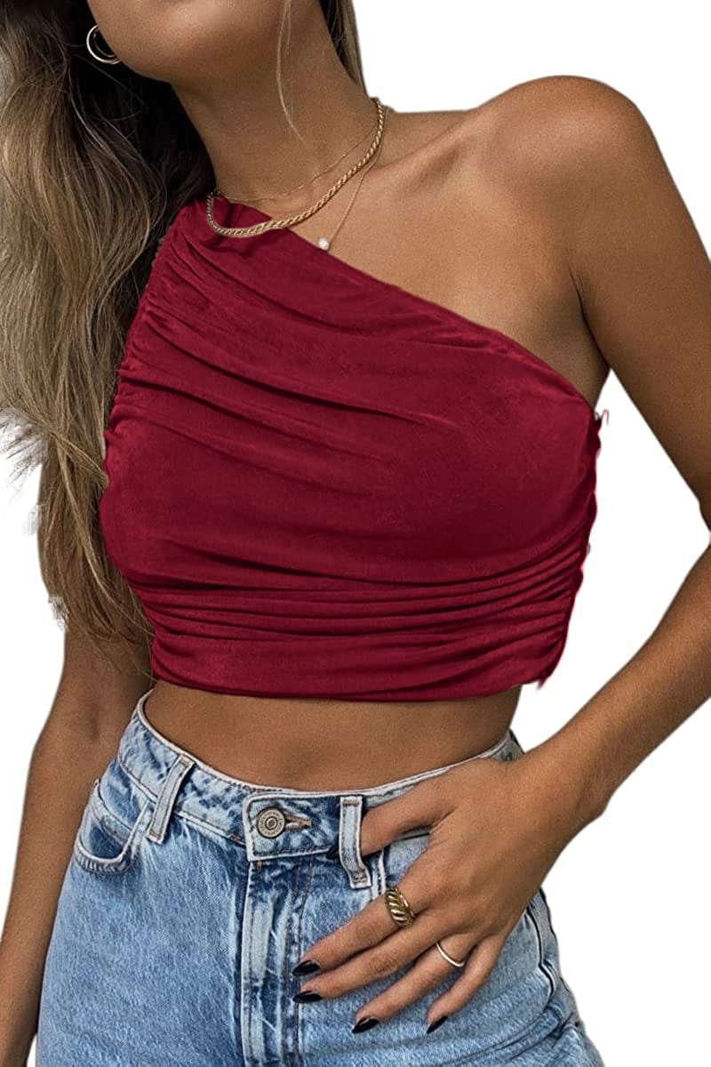 Women'S Sexy Sparkly One Shoulder Crop Tops Sleeveless Ruched Tank Tops Burgundy / Small