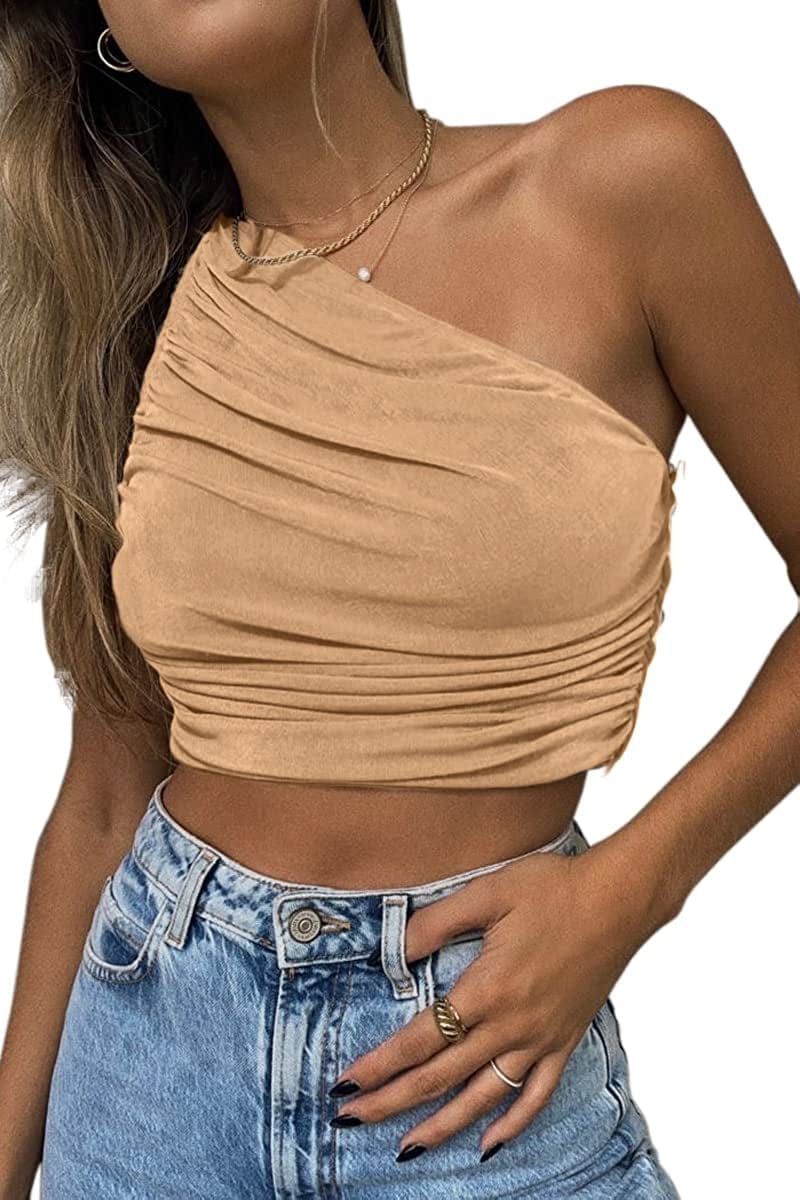Women'S Sexy Sparkly One Shoulder Crop Tops Sleeveless Ruched Tank Tops Khaki / Small