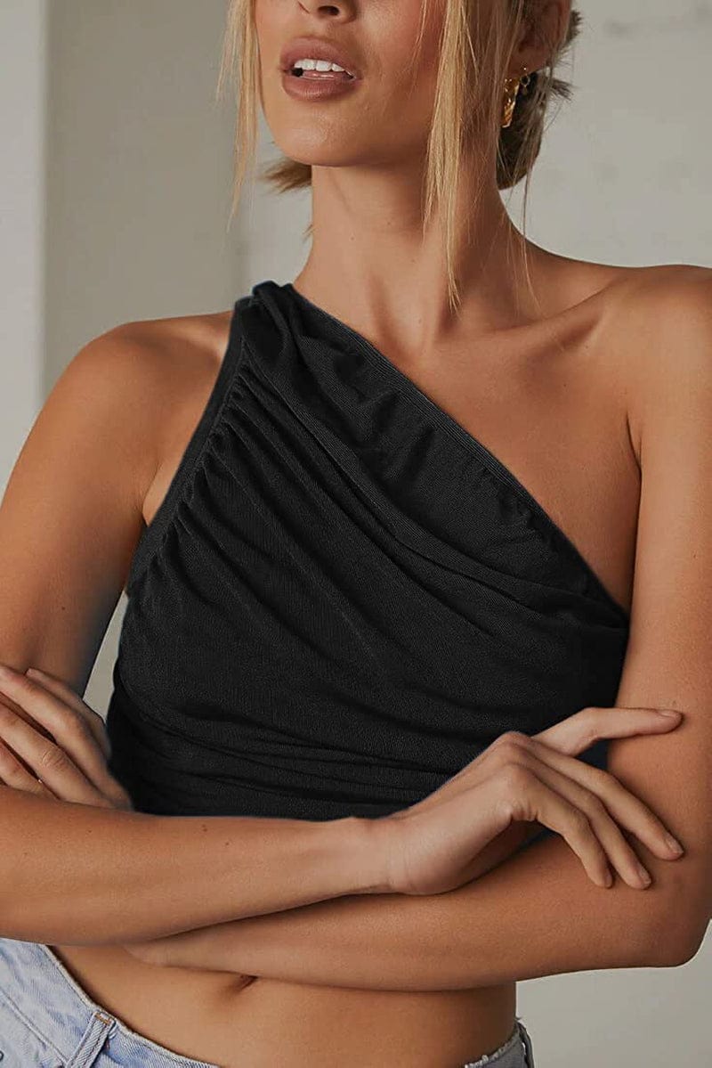 Women'S Sexy Sparkly One Shoulder Crop Tops Sleeveless Ruched Tank Tops