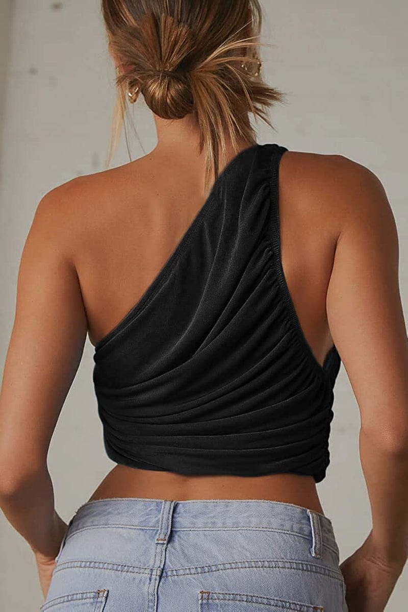 Women'S Sexy Sparkly One Shoulder Crop Tops Sleeveless Ruched Tank Tops