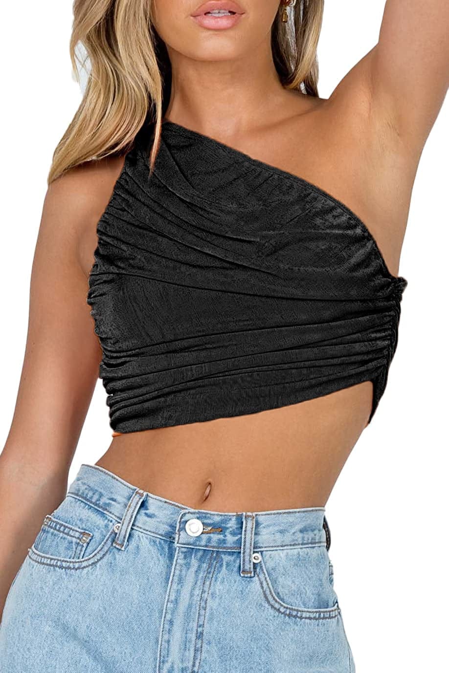 Women'S Sexy Sparkly One Shoulder Crop Tops Sleeveless Ruched Tank Tops