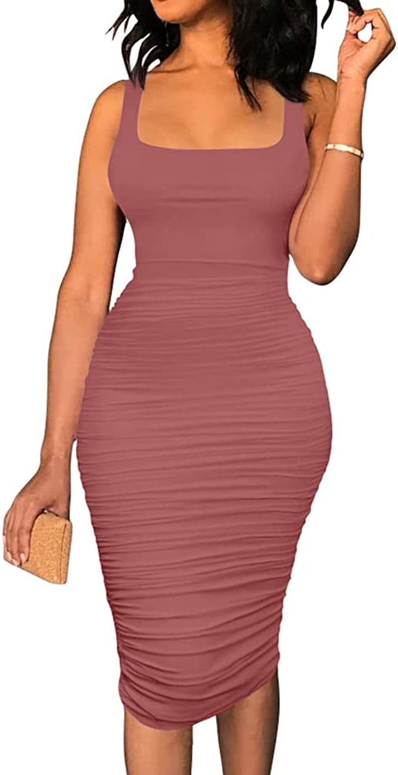 Women'S Sexy Tank Top Bodycon Ruched Sleeveless Basic Midi Party Dress Darkpink / Large