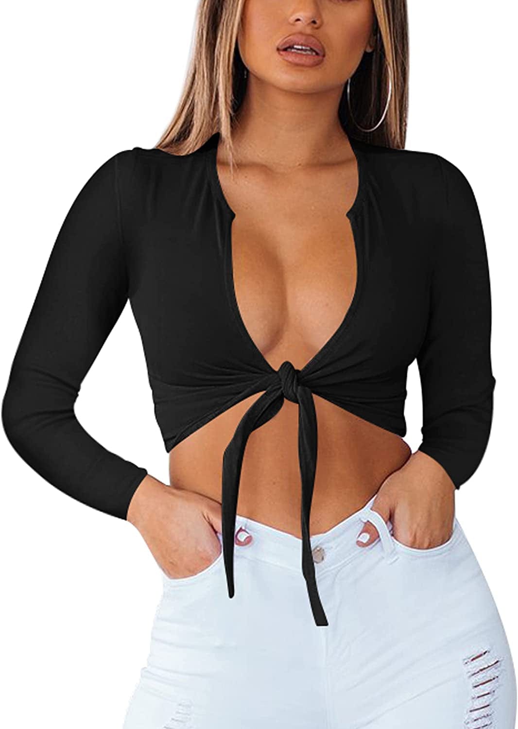 Women'S Sexy Tie up Crop Top Short Sleeve Deep V Neck Casual Basic T Shirt Z-black / Large