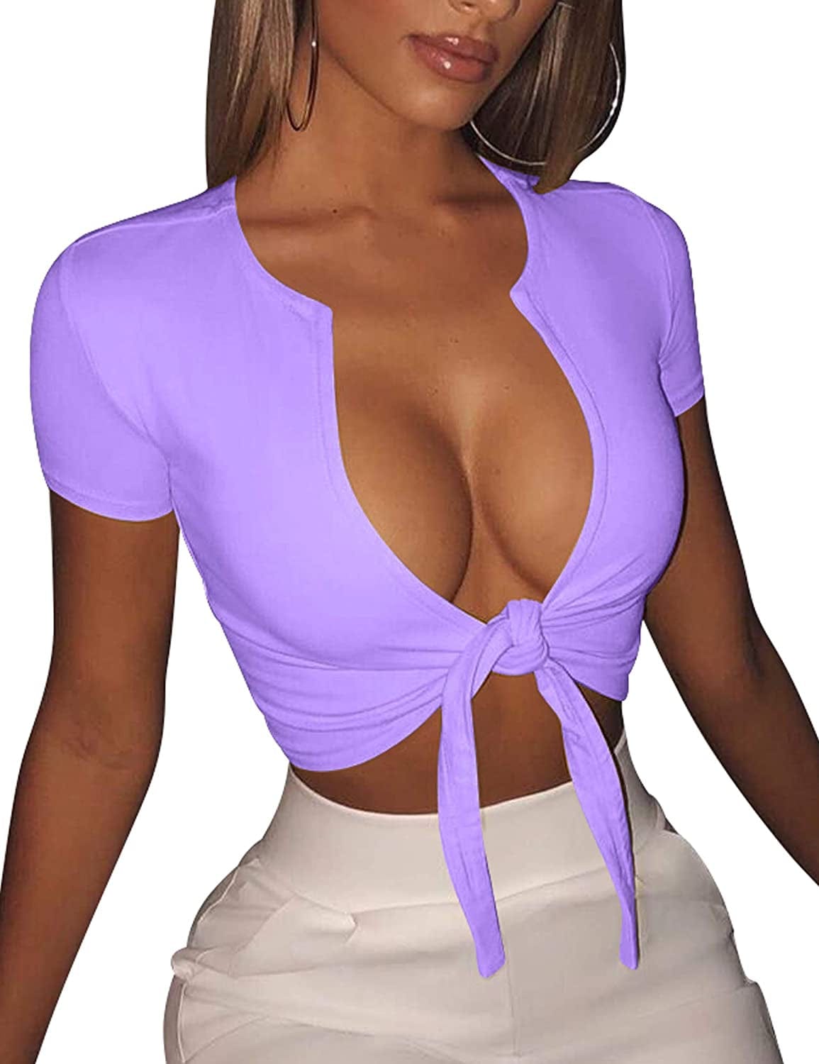 Women'S Sexy Tie up Crop Top Short Sleeve Deep V Neck Casual Basic T Shirt Purple / Large