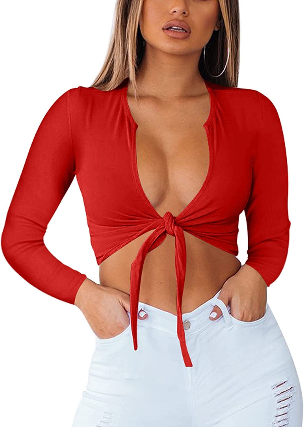 Women'S Sexy Tie up Crop Top Short Sleeve Deep V Neck Casual Basic T Shirt Z-red / Medium