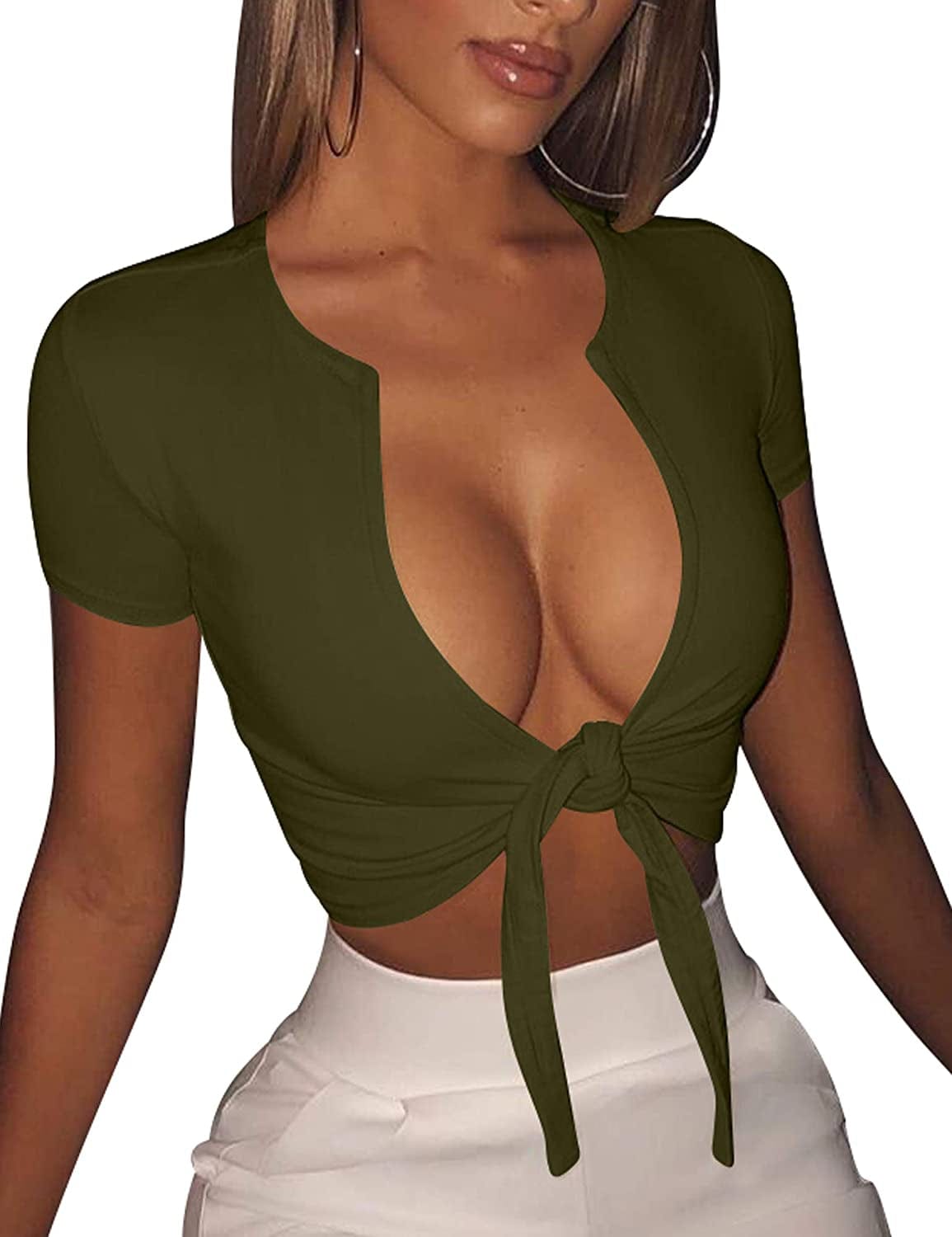 Women'S Sexy Tie up Crop Top Short Sleeve Deep V Neck Casual Basic T Shirt Army Green / Large