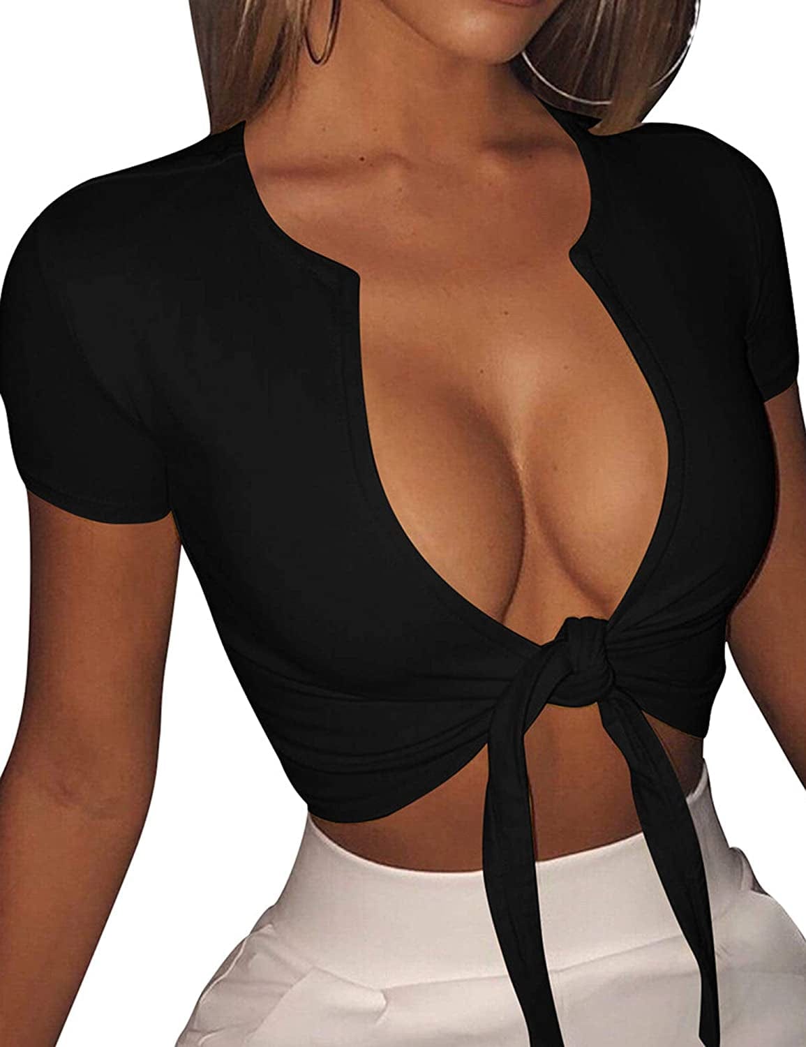 Women'S Sexy Tie up Crop Top Short Sleeve Deep V Neck Casual Basic T Shirt Black / Large